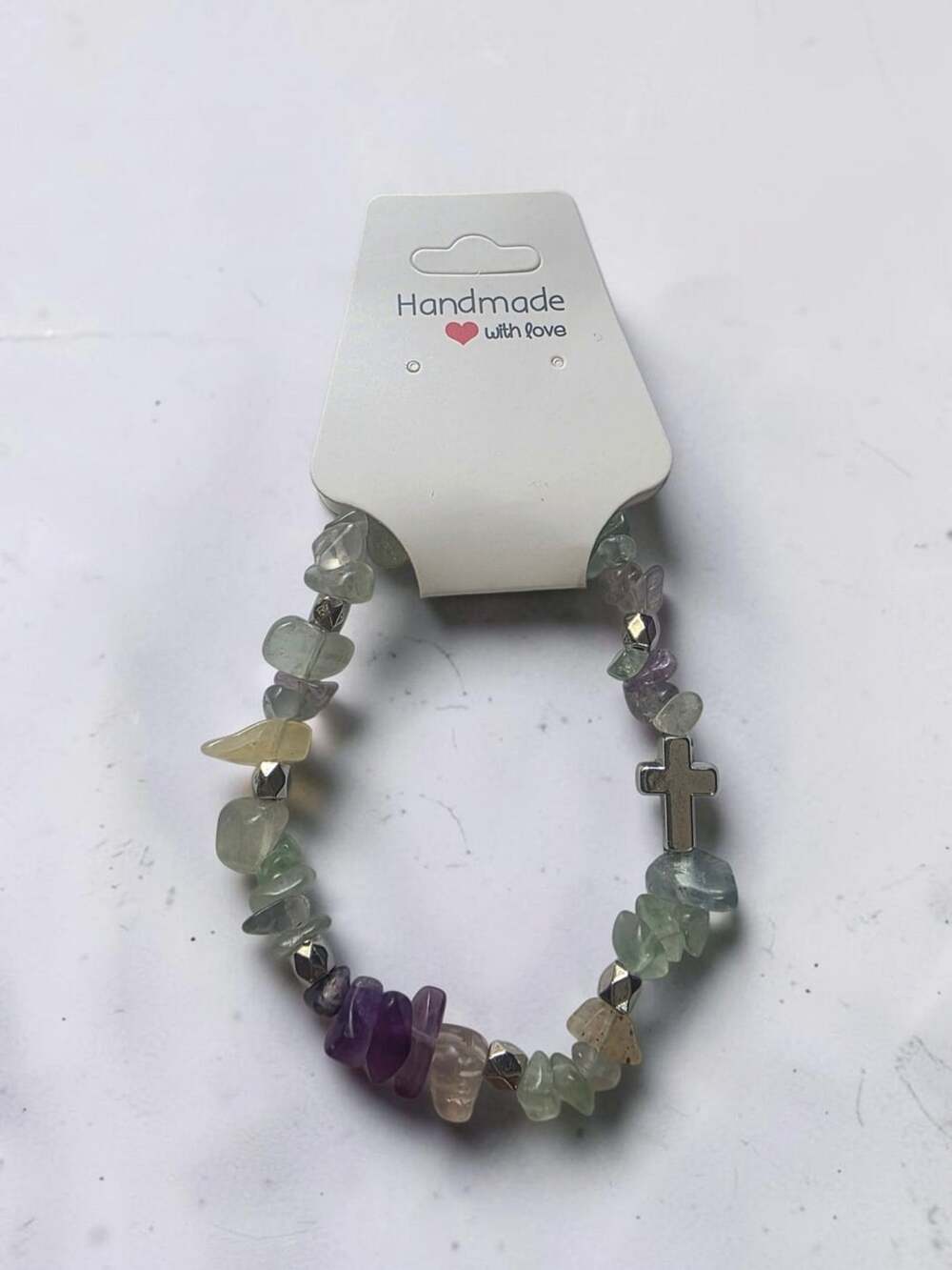 Fluorite Chip Bead Bracelet With Cross Charm